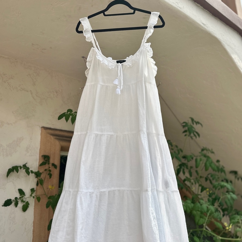 J. Crew White Tier Dress with Ruffles on Top and Tassel Tie 100% Cotton - size L